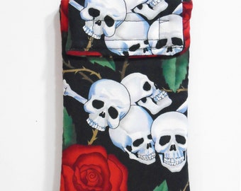 Skull Phone Pouch (#B)- skulls and roses - glasses pouch - skull phone case - tattoo print phone case - gadget pouch - cosmetic case - roses