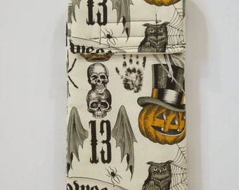 Large skull phone pouch, Halloween phone case, sunglasses case, jack-o-lantern phone case, fabric pouch, goth phone case, spooky