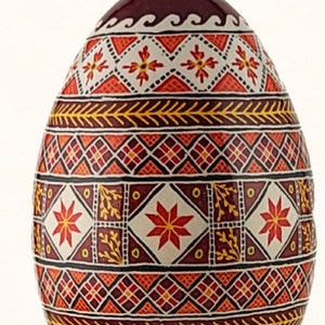 Ukrainian Easter egg, goose egg pysanky with dark red background, unique holiday gift decorative egg art, painted egg image 3