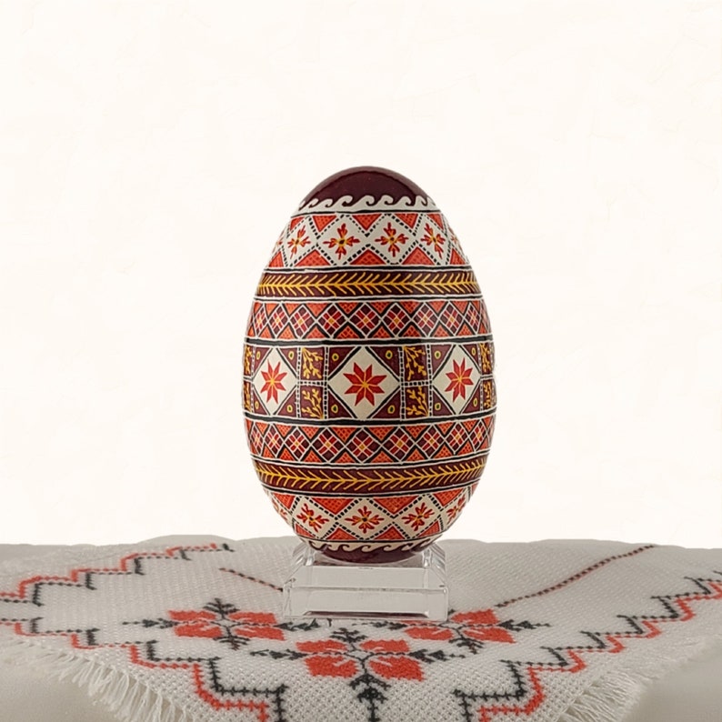 Ukrainian Easter egg, goose egg pysanky with dark red background, unique holiday gift decorative egg art, painted egg image 4