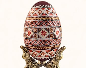 Ukrainian Easter egg, goose egg pysanky with dark red background, unique holiday gift; decorative egg art, painted egg