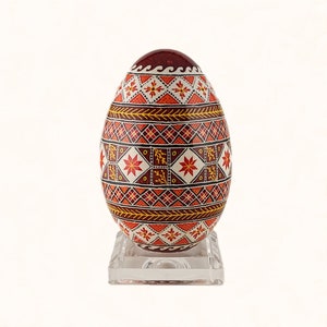 Ukrainian Easter egg, goose egg pysanky with dark red background, unique holiday gift decorative egg art, painted egg With Lucite stand