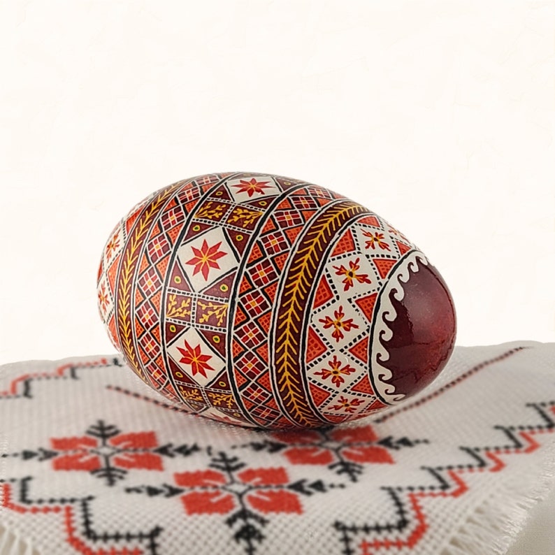 Ukrainian Easter egg, goose egg pysanky with dark red background, unique holiday gift decorative egg art, painted egg Egg only
