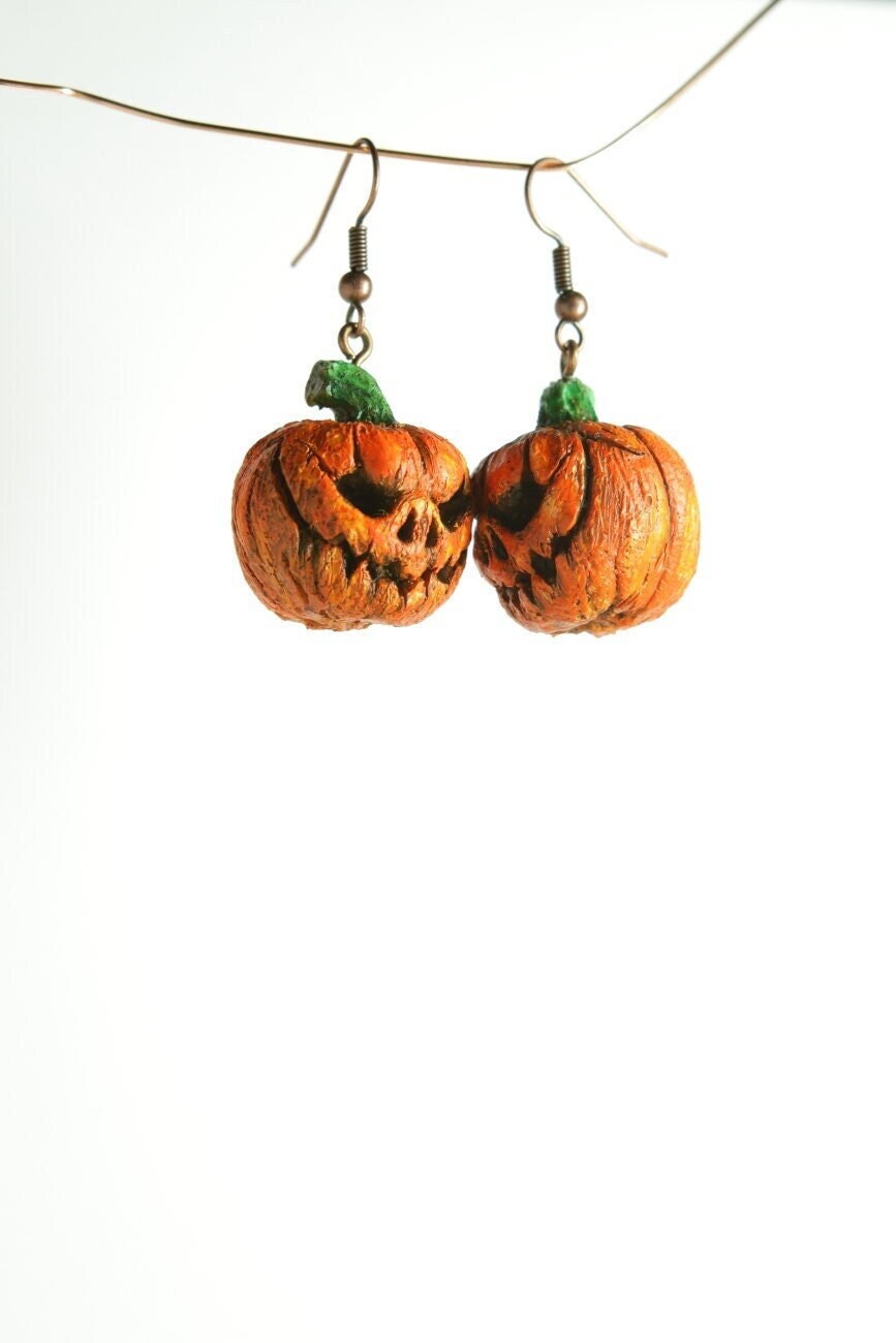 Boucles D'oreilles Pendantes Citrouille Halloween - Émail, Cristaux, Finition Dorée - Longueur 3,6 Cm, Léger 14 G