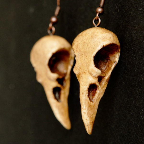 Boucles d’oreilles crâne de corbeau bijoux os Raven Skull, earrings Raven Skull, jewelry Crow Skull