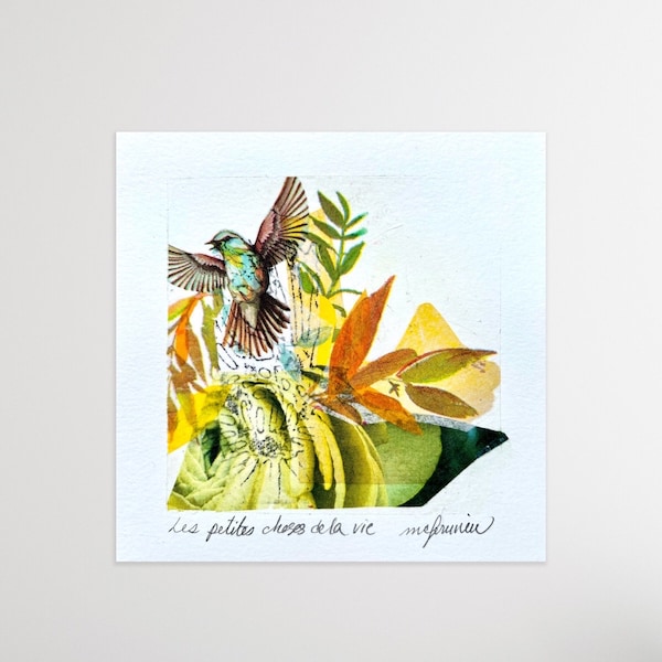 Petit collage semi-abstrait avec nature et des oiseaux, oeuvre originale sur papier Canson de 14 x 14 cm, art contemporain, mini peinture