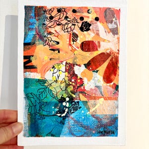 Petite peinture abstrait à faire encadrer, 6 x 8 pouces « Art Battle ». Art contemporain. Collage et techniques mixtes sur carton entoilé.