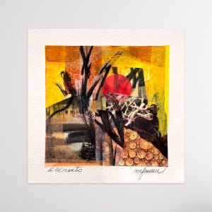 Piccolo collage, arte astratta su carta 14 x 14 cm intitolato "Elementi", botanica, arte in miniatura, decorazione d'interni, paesaggio astratto