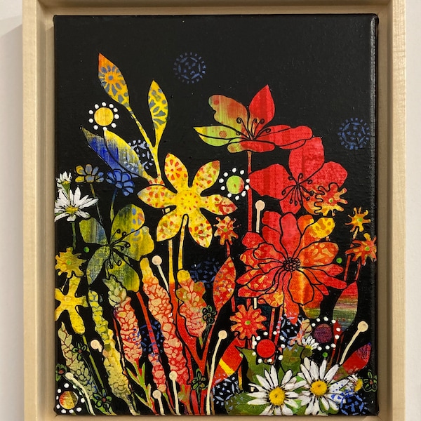 Petite peinture originale avec des fleurs et un fond noir de 10 x 8 po encadrée « Coeur généreux II ». Peinture florale avec des margerites