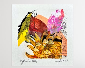 Collage et techniques mixtes sur papier Canson de 14 x 14 cm, oeuvre originale intitulée « 9 février 2024 », art contemporain, peinture