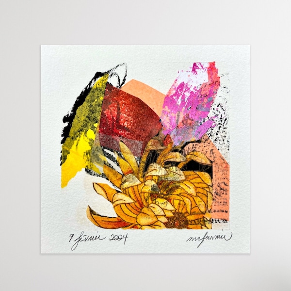 Collage et techniques mixtes sur papier Canson de 14 x 14 cm, oeuvre originale intitulée « 9 février 2024 », art contemporain, peinture
