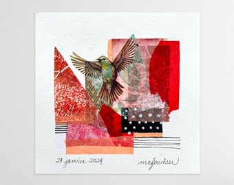 Small semi-abstract collage, original work on Canson paper measuring 14 x 14 cm, collage and mixed techniques, mini collage with a bird, art