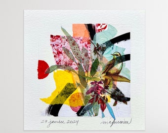 Small collage with flowers and a bird, original work on Canson paper measuring 14 x 14 cm, contemporary art, wall decoration, botanical