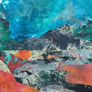 Colagem semi-abstrata com montanha e paisagem imaginária, com tapete, 7 x 9 pol., Trabalho original, o presente perfeito para os amantes da arte