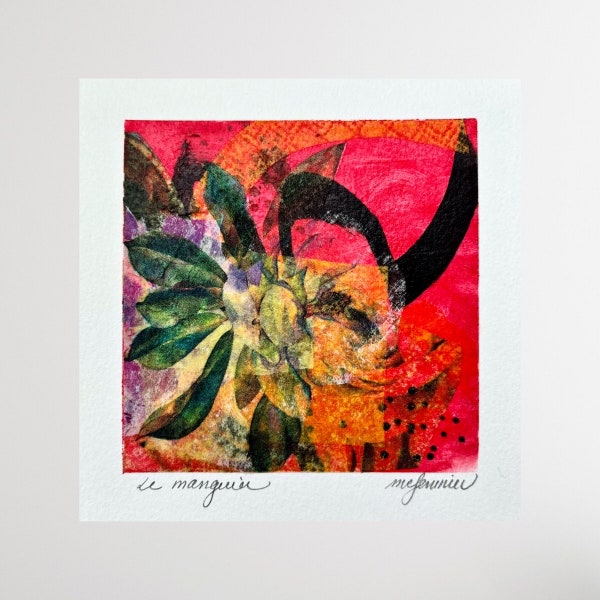 Petit collage semi-abstrait avec une fleur, oeuvre originale sur papier Canson de 14 x 14 cm, art contemporain, décoration murale, peinture