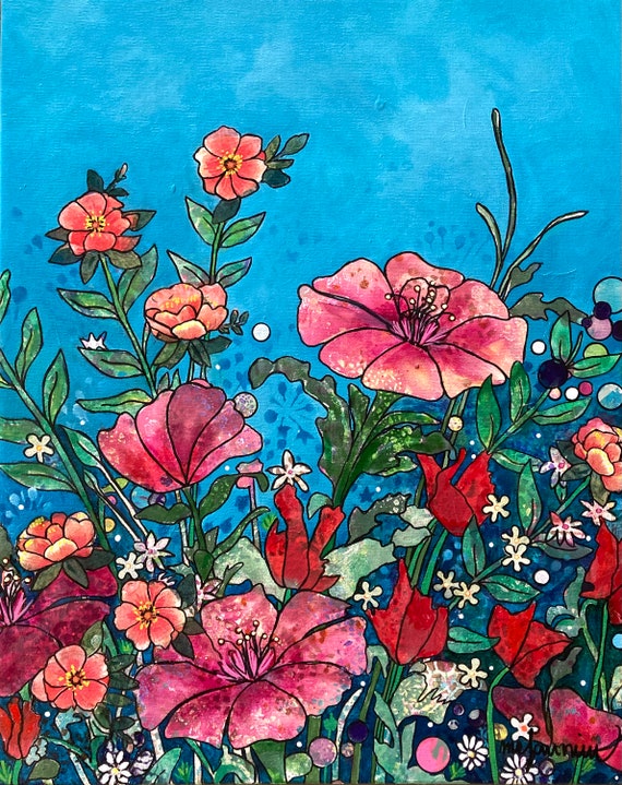 花の壁画、ピンクの花のオリジナル絵画、20 x 16 インチのキャンバス