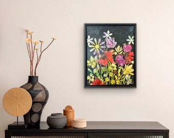 Petite peinture originale avec un jardin bucolique,  toile florale de 14 x 11 pouces encadrée en noir (15,5 x 12,5 po), art, peinture fleurs