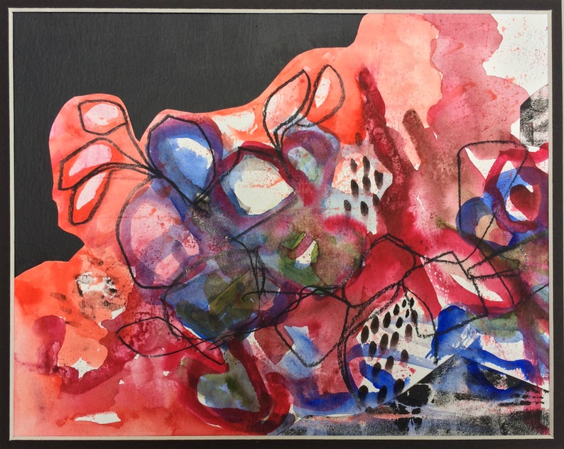 orange charcoal blue mixed technical paint collage on paper glued in his 11 x 14 inch pass Small watercolor painting