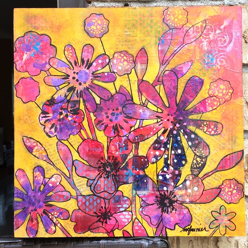 flowers painting full sun art and collections spring Deco 10 x 10 summer contemporary canvas Mixed technique on wood