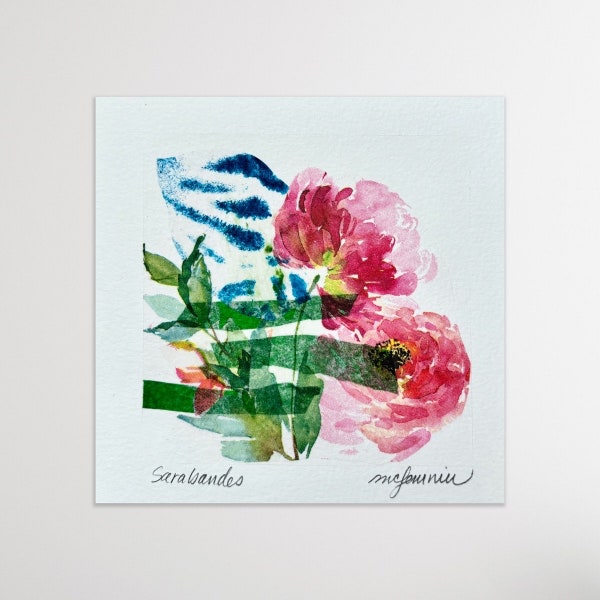 Petit collage semi-abstrait avec des fleurs, oeuvre originale sur papier Canson de 14 x 14 cm, art contemporain, décoration murale, peinture