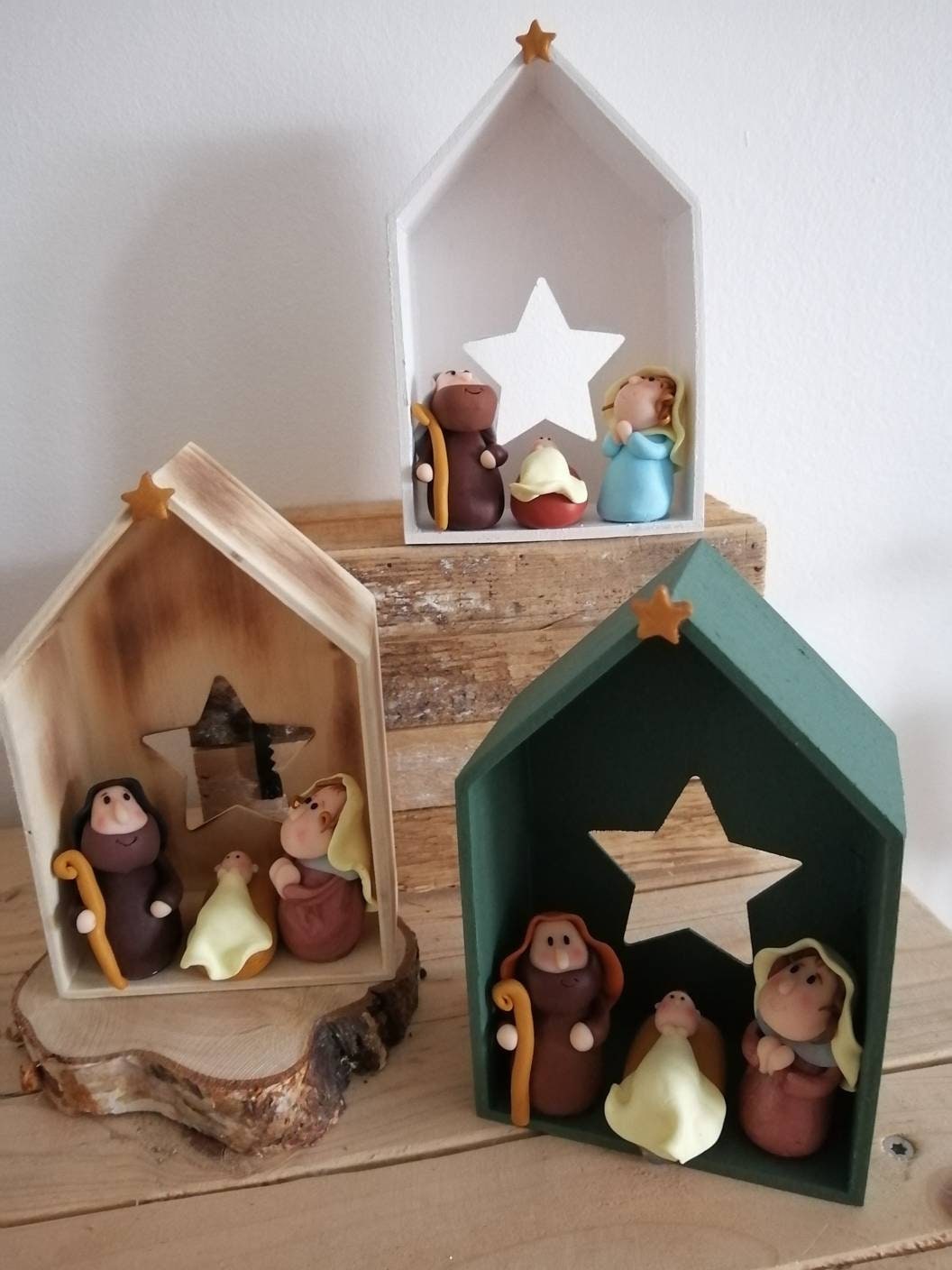 Crèche, Scène de La Nativité, Petite Crèche, Bois, Pâte Polymère, Fimo