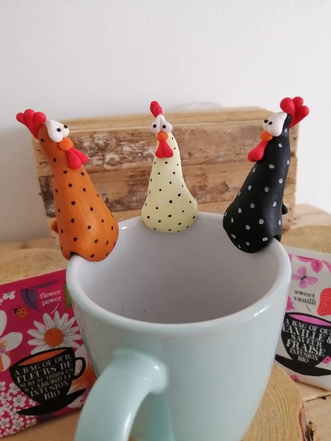 Porte Thé, Sachets de Gadget Cuisine, Poule, Poulettes, Fimo