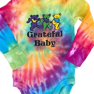 Grateful Baby Onesie, Tie Dyed, Customizable Dead Head Baby Gift 0-3m, 3-6m, 6-9m, 12m with Bears on the Back