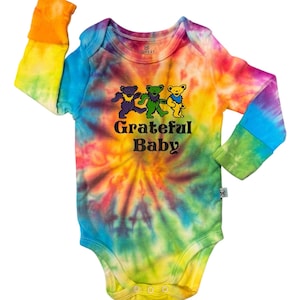 Grateful Kid/Baby Long Sleeve Onesie, Tie Dyed, Customizable Dead Head Baby Gift 0-3m, 3-6m, 6-9m, 12m with Bears on the Back