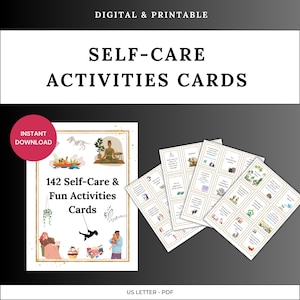 142 kaarten voor zelfzorg en leuke activiteiten | Digitale download voor stressverlichting, mindfulness-ontspanning, afdrukbaar mentaal welzijnsdeck