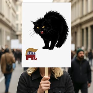 May include: A sign held by a person features a black cat with yellow eyes, arched back, and open mouth. Below the cat is a graphic of an elephant with a blonde hairstyle and the American flag colors. The background is a blurred street scene.