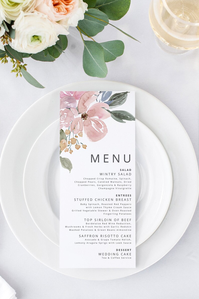 Blush Wedding Menu Printable Wedding Menu Cards Floral Etsy