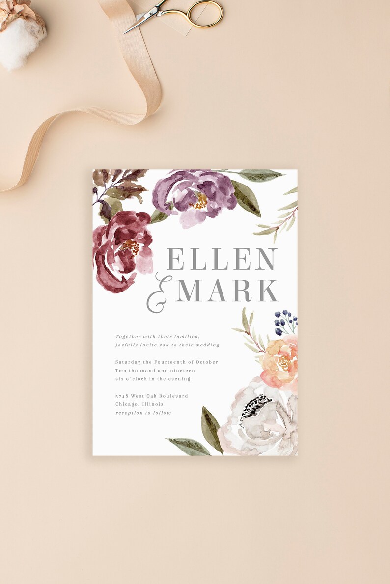Fall Wedding Invitation Template Burgundy Wedding Invitation Etsy