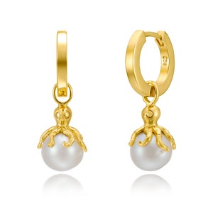 Hoop earrings with Octopus charm drops, Gold, Silver, everyday earrings, classic ear hoop, south sea pearl charm, octopus charm, ear huggy