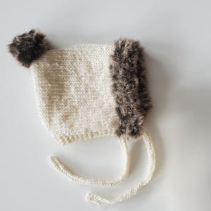 Fur Trim Hand Knit Baby Pixie Hat | Merino Wool Pixie Bonnet