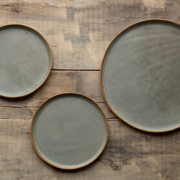 Olive flecked ceramic plates set, set of handmade spotted plates glazed in olive colour, serving plate set for two, cake plates set