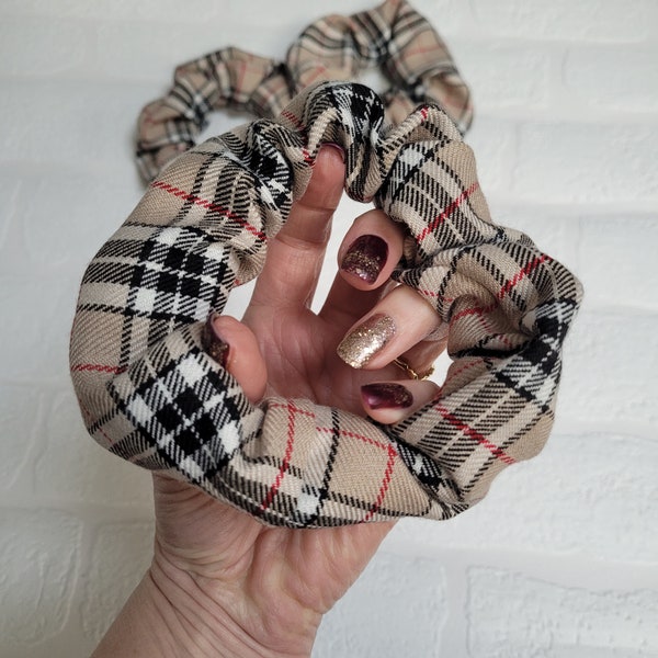 Beige Plaid Tartan Scrunchie