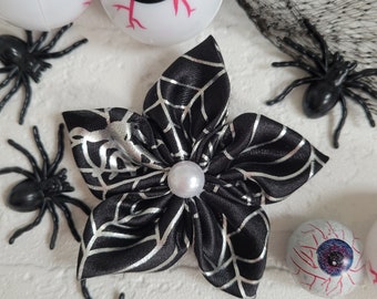 Black & Silver Spiderweb Hair Accessory or Brooch | Spiderweb Handmade Flower | Spiderweb Bow