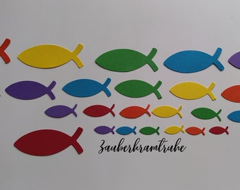 Regenbogen Fische Streudeko - 138 Fische in 4 Größen und 6 Farben aus Papier 210g/qm