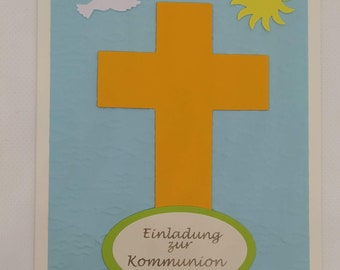 Einladung zur Kommunion Karte mit Kreuz Taube Sonne und Fischen DIY