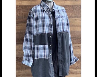 Casual Women’s Upcycled Charcoal Grey Plaid Menswear Tunic