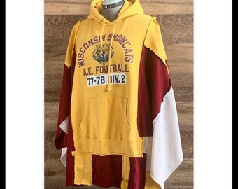 Funky Sweatshirt Flowy Upcycled Hoodie Poncho Wisconsin Wildcats Gold Maroon