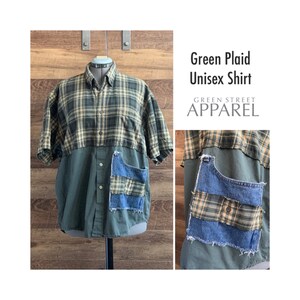 Plus Size Oxford Unisex Shirt Tunic Green Plaid Top Upcycled Fashion