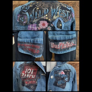 May include: A blue denim jacket with various patches and embroidered details. The patches include "Wild West", "Buffalo", "101 Ranch", and "Rough Riders of the World".