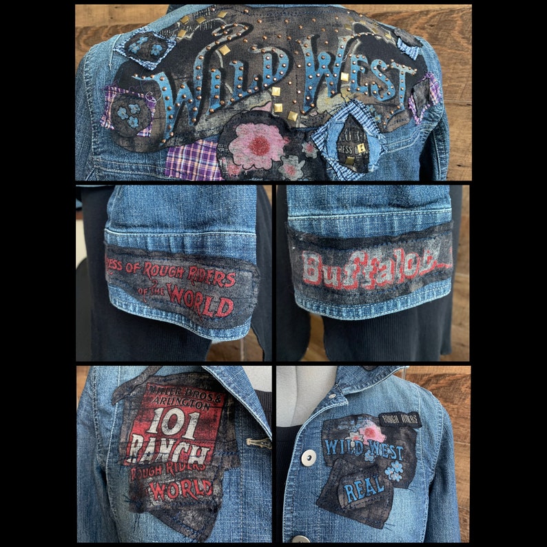 May include: A blue denim jacket with various patches and embroidered details. The patches include "Wild West", "Buffalo", "101 Ranch", and "Rough Riders of the World".