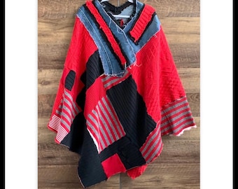 Plus Size Boho Goddess Poncho Upcycled Womens Refashion Red Black One Size