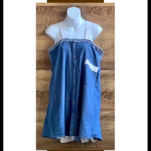 Chambray denim sundress tunic with straps and pocket blue size XL women’s upcycled tunic