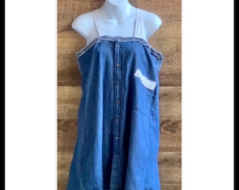 Chambray denim sundress tunic with straps and pocket blue size XL women’s upcycled tunic