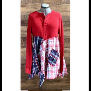 Red White Blue Plaid Lagenlook flattering tunic upcycled Women’s top 4th of July