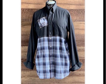 Plus Sized Upcycled Menswear Grey Plaid Tunic