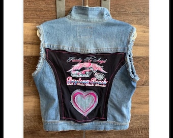Denim Upcycled XL Harley Davidson Daytona Beach Bike Week Raw Edge Vest Motorcycle Chic
